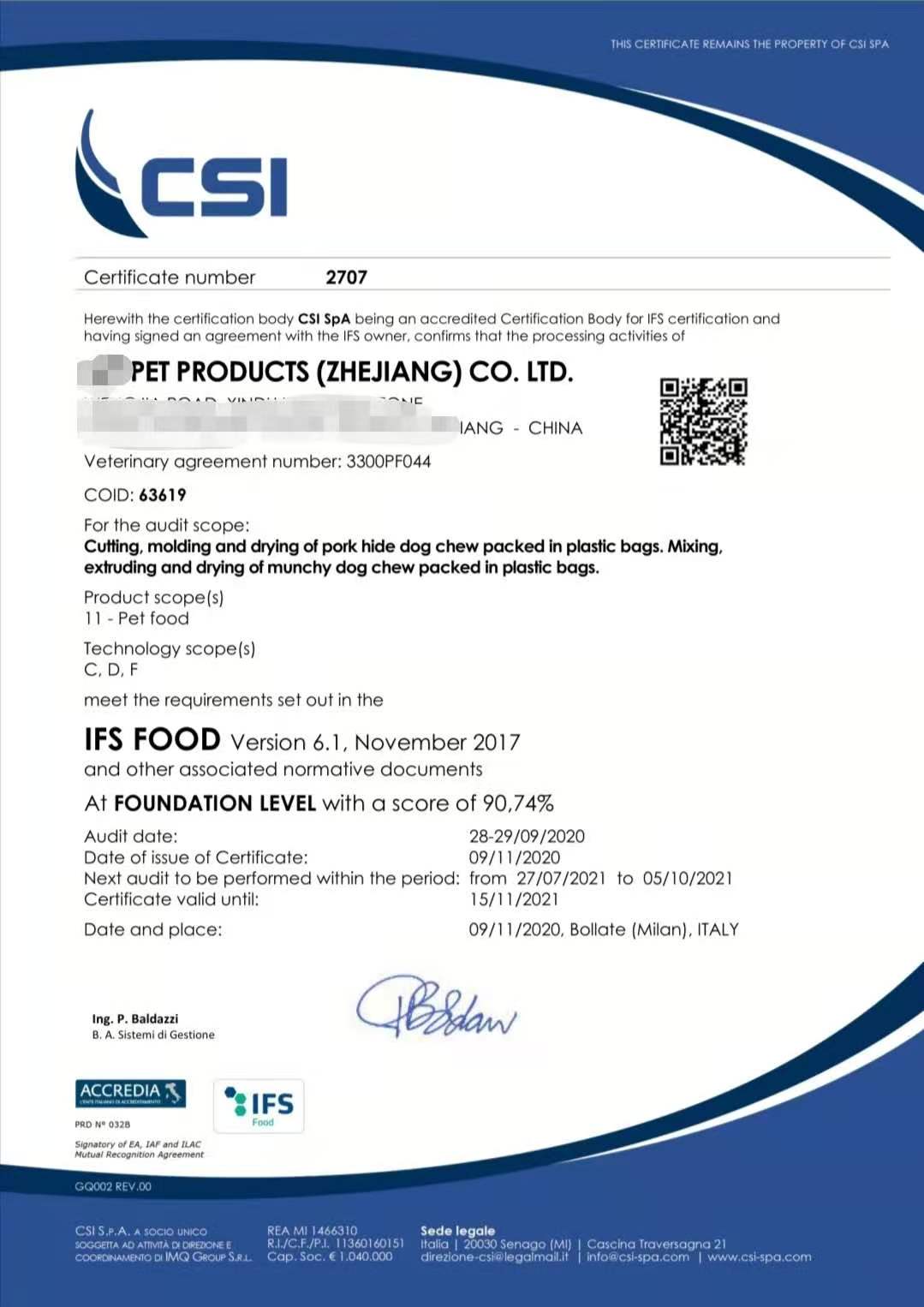 恭喜浙江XXX寵物食品有限公司順利獲得IFS認證證書！