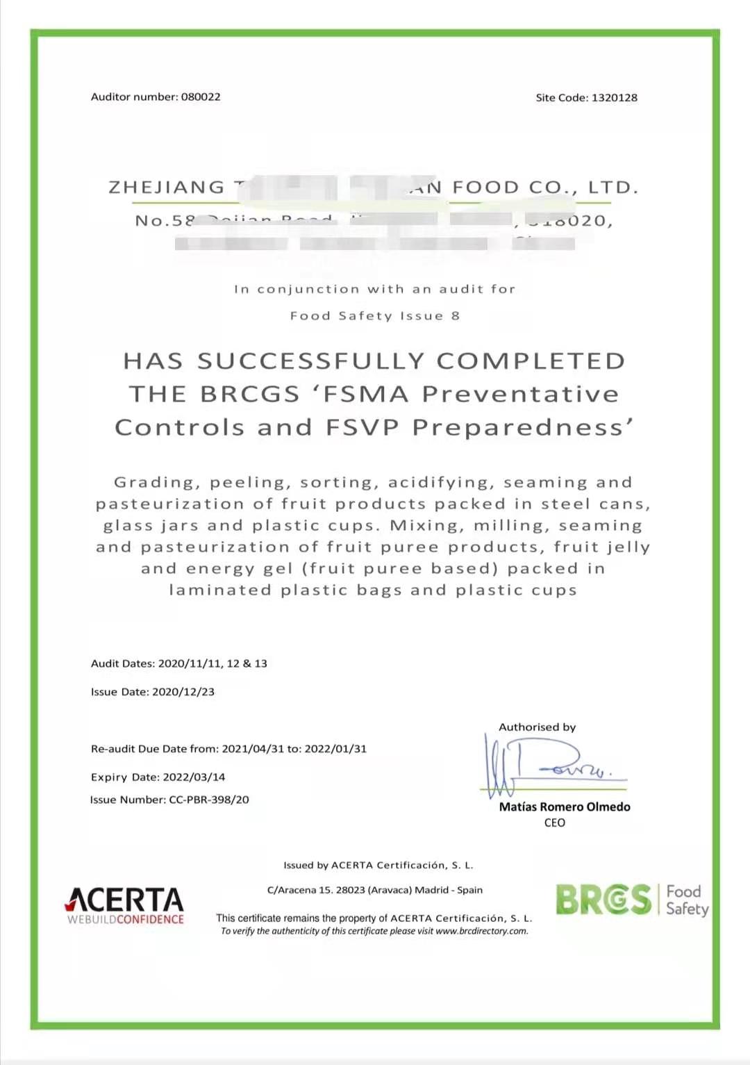 恭喜浙江XXX食品有限公司順利獲得BRC、IFS、FSMA證書！