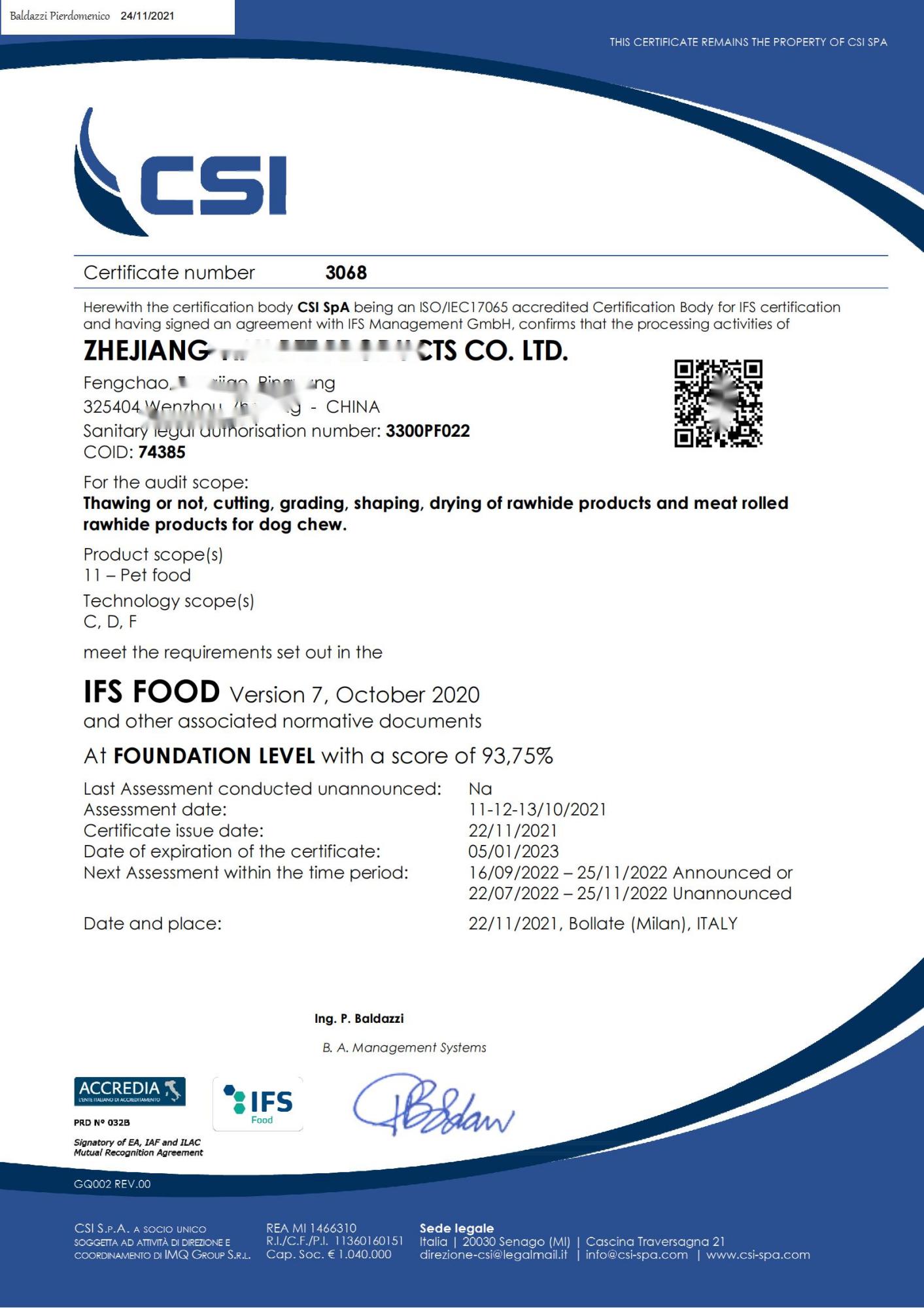 恭喜浙江XXX食品有限公司順利獲得BRC、IFS認(rèn)證證書！